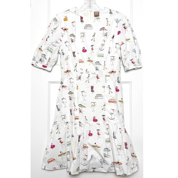 BOSS Retro Beach Print Cotton Poplin Puff Short Sleeve Flounce Hem Mini Dress 6 - Picture 2 of 11